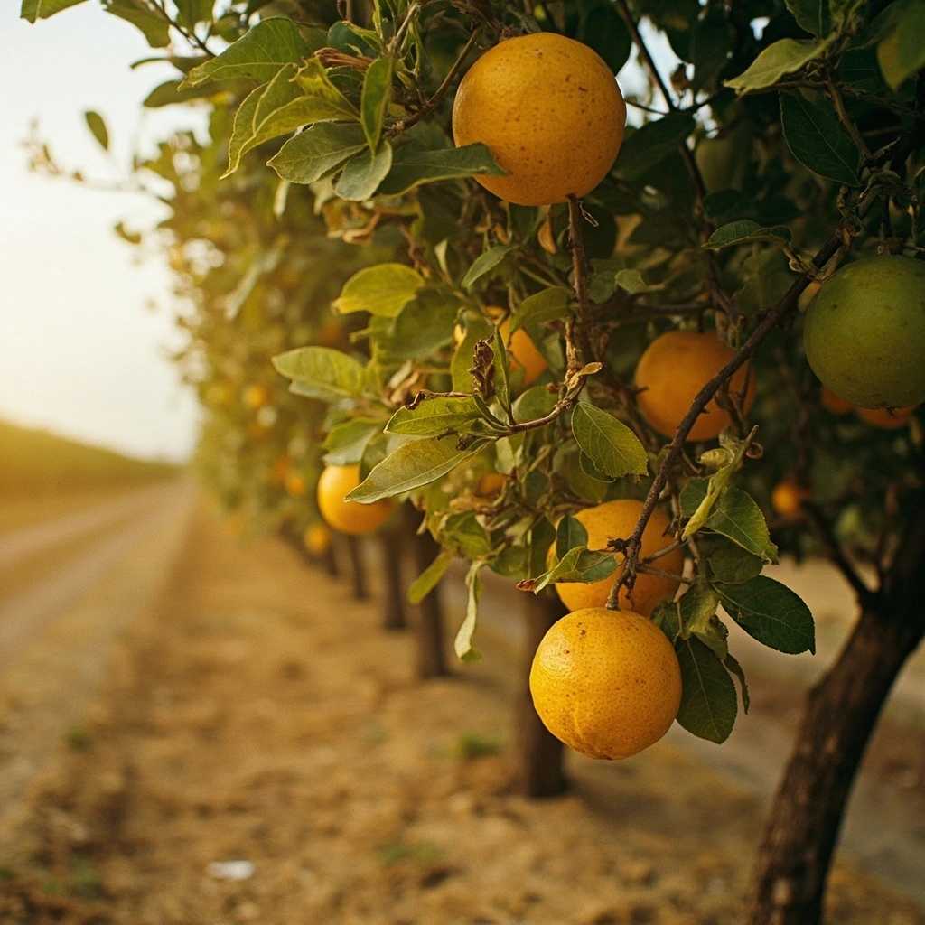 Citrus grove showing visible heat stress on leaves and fruit