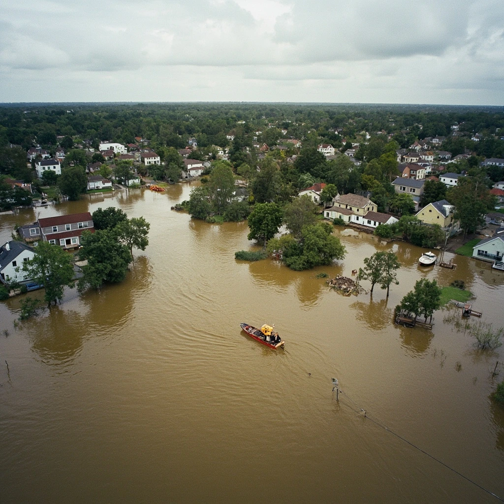 Aerial view of a small American town flooded after heavy rainfall
