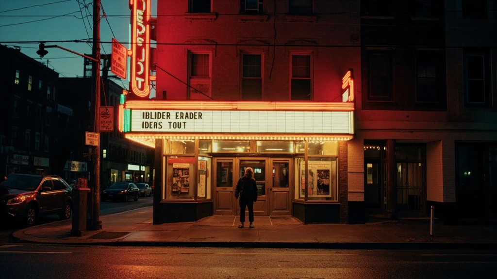A neighborhood cinema at dusk, half its bulbs dark, one reader at the window.