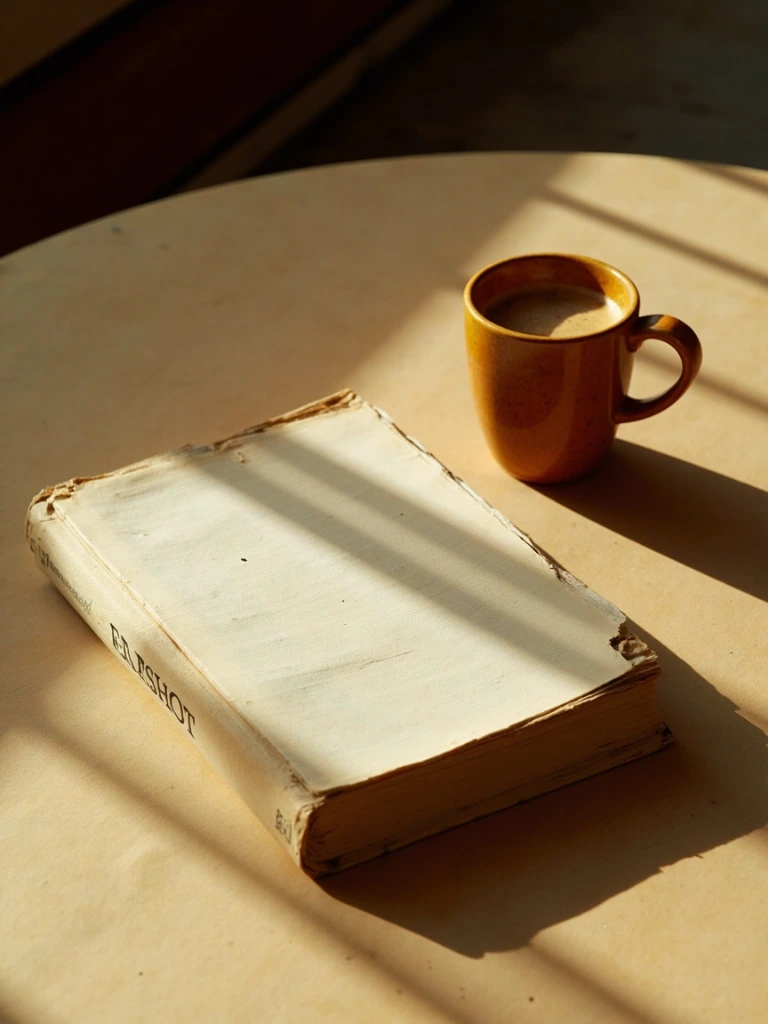 A worn paperback novel beside a half-finished espresso.