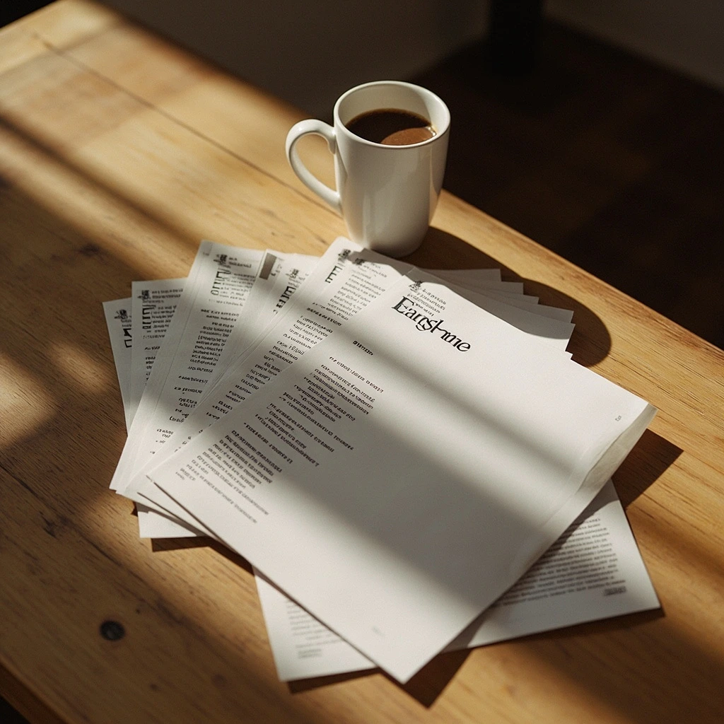 Printed zines on a wooden table
