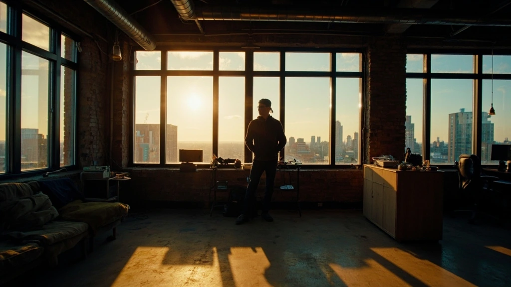 A lone knowledge worker at a standing desk in a quiet open-plan office at dawn