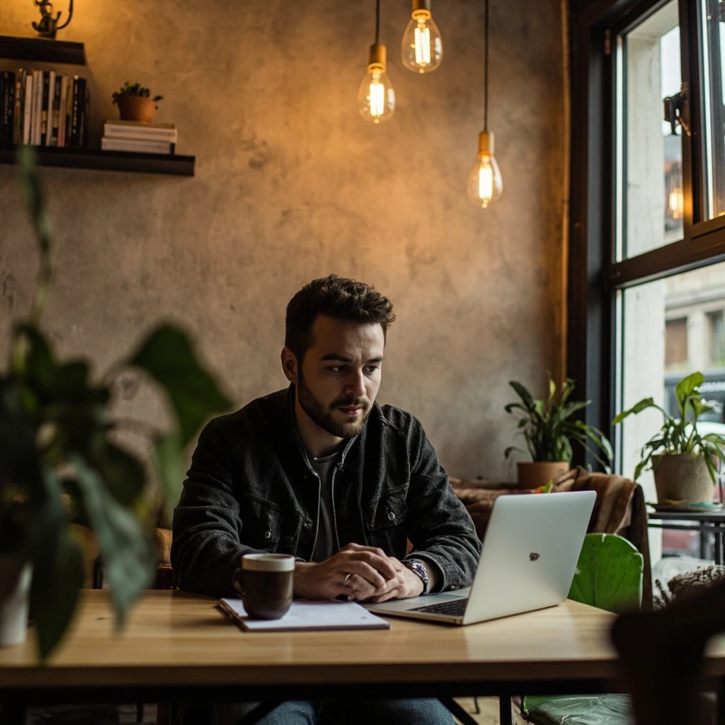 A small business owner working at a folding table in a closed café turned makeshift office